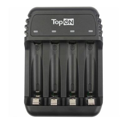 Зарядное устройство TopON для 1-4 аккумуляторов типа AA/AAA Ni-MH и Ni-Cd, LED индикатор, MicroUSB 5V, черное TOP-CH500 Зарядное устройство TopON для 1-4 аккумуляторов типа AA/AAA Ni-MH и Ni-Cd, LED индикатор, MicroUSB 5V, черное TOP-CH500