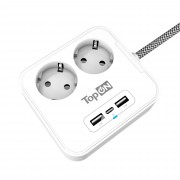 Сетевой фильтр TopON TOP-PWS2 на 2 розетки с 2 USB-A и USB-C, 4000W, 1.5 м Белый