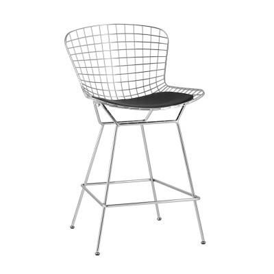 Стул полубарный с низкой спинкой Bertoia хромированный с черной подушкой Стул полубарный с низкой спинкой Bertoia хромированный с черной подушкой