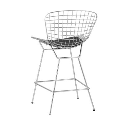 Стул полубарный с низкой спинкой Bertoia хромированный с черной подушкой Стул полубарный с низкой спинкой Bertoia хромированный с черной подушкой