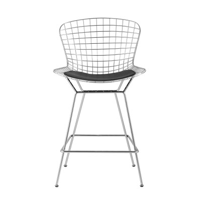 Стул полубарный с низкой спинкой Bertoia хромированный с черной подушкой Стул полубарный с низкой спинкой Bertoia хромированный с черной подушкой